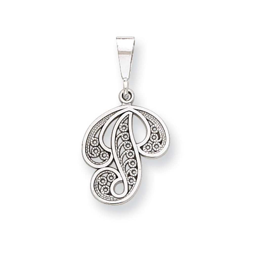 14k White Gold, Maci Collection, Filigree Script Initial P Pendant, Item P10419-P by The Black Bow Jewelry Co.