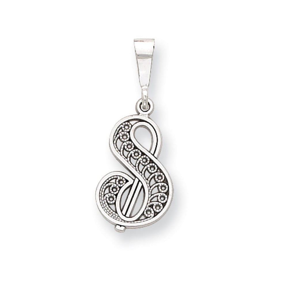 14k White Gold, Maci Collection, Filigree Script Initial S Pendant, Item P10419-S by The Black Bow Jewelry Co.