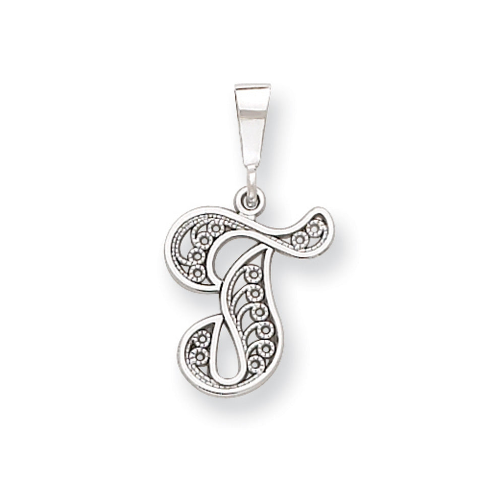 14k White Gold, Maci Collection, Filigree Script Initial T Pendant, Item P10419-T by The Black Bow Jewelry Co.