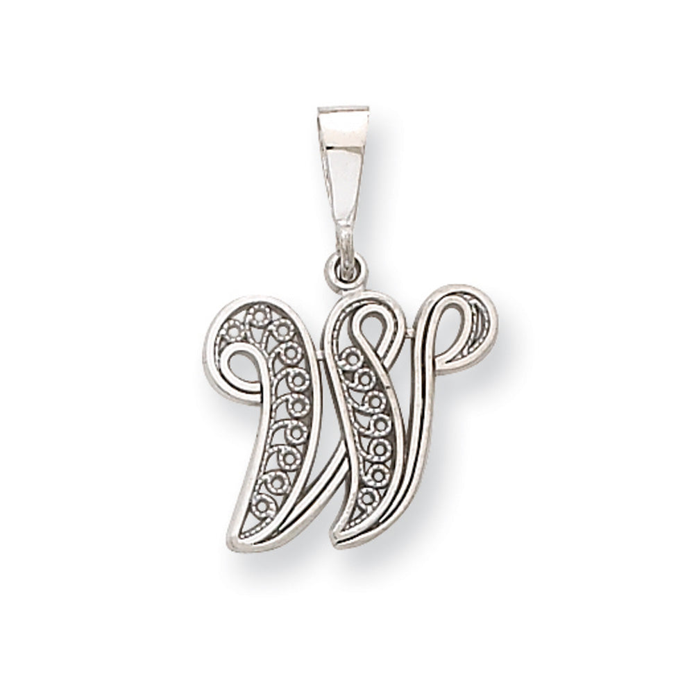14k White Gold, Maci Collection, Filigree Script Initial W Pendant, Item P10419-W by The Black Bow Jewelry Co.