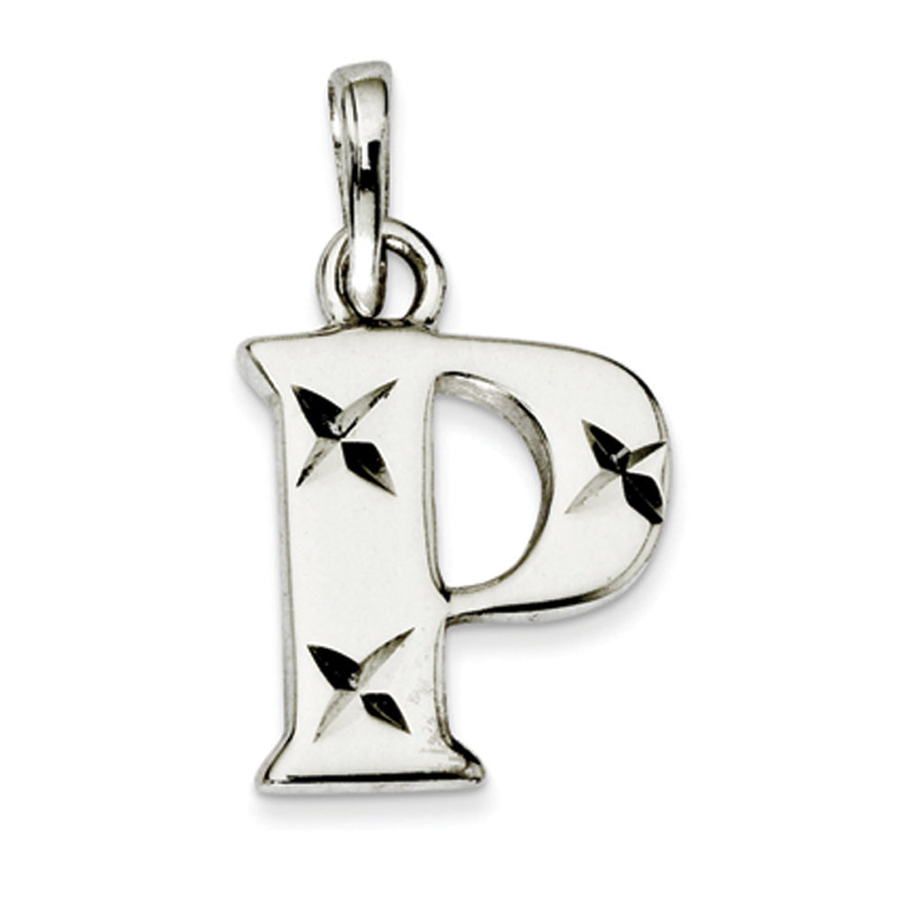 Sterling Silver, Sabrina Collection, D/C Block Initial  P Pendant, Item P10420-P by The Black Bow Jewelry Co.