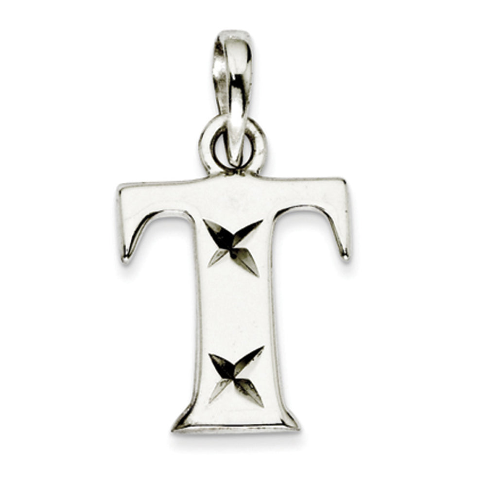 Sterling Silver, Sabrina Collection, D/C Block Initial  T Pendant, Item P10420-T by The Black Bow Jewelry Co.