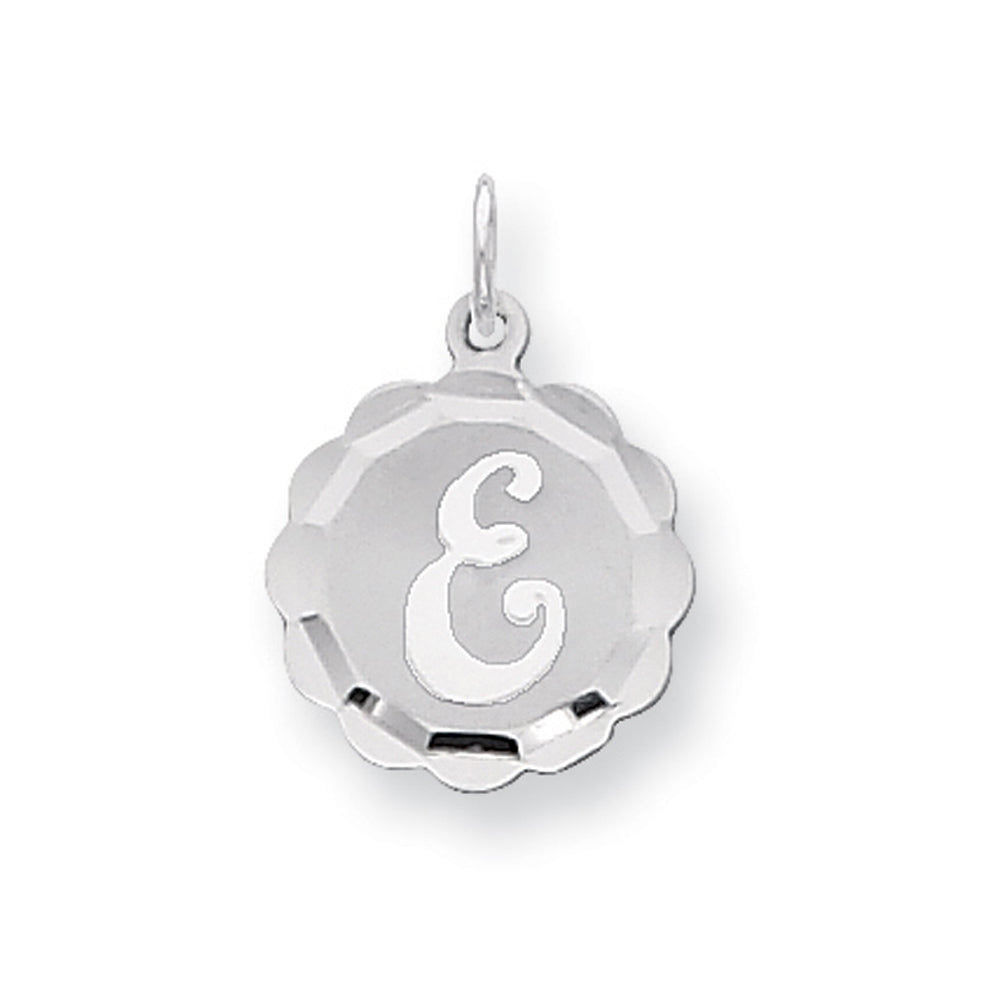 Sterling Silver, Sarah Collection 15mm Brocaded Disc Initial E Pendant, Item P10421-E by The Black Bow Jewelry Co.