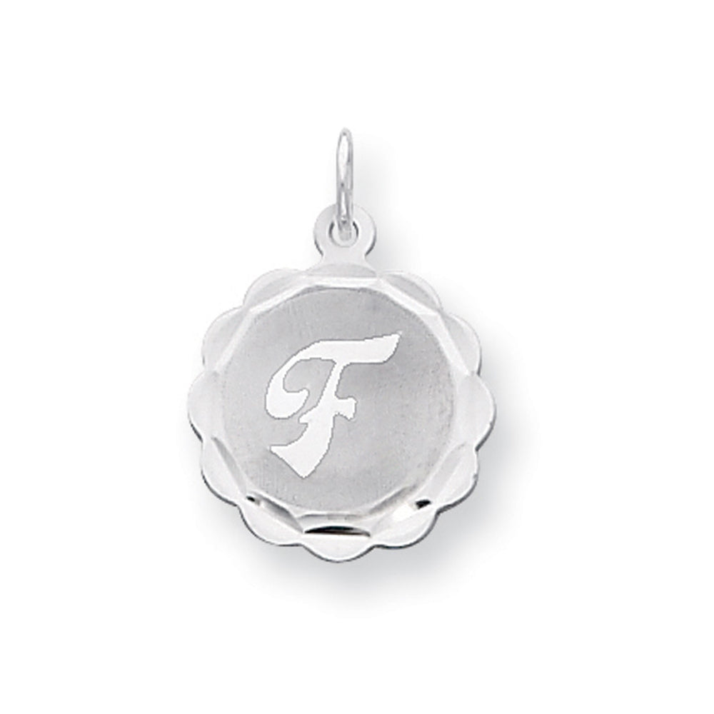 Sterling Silver, Sarah Collection 15mm Brocaded Disc Initial F Pendant, Item P10421-F by The Black Bow Jewelry Co.