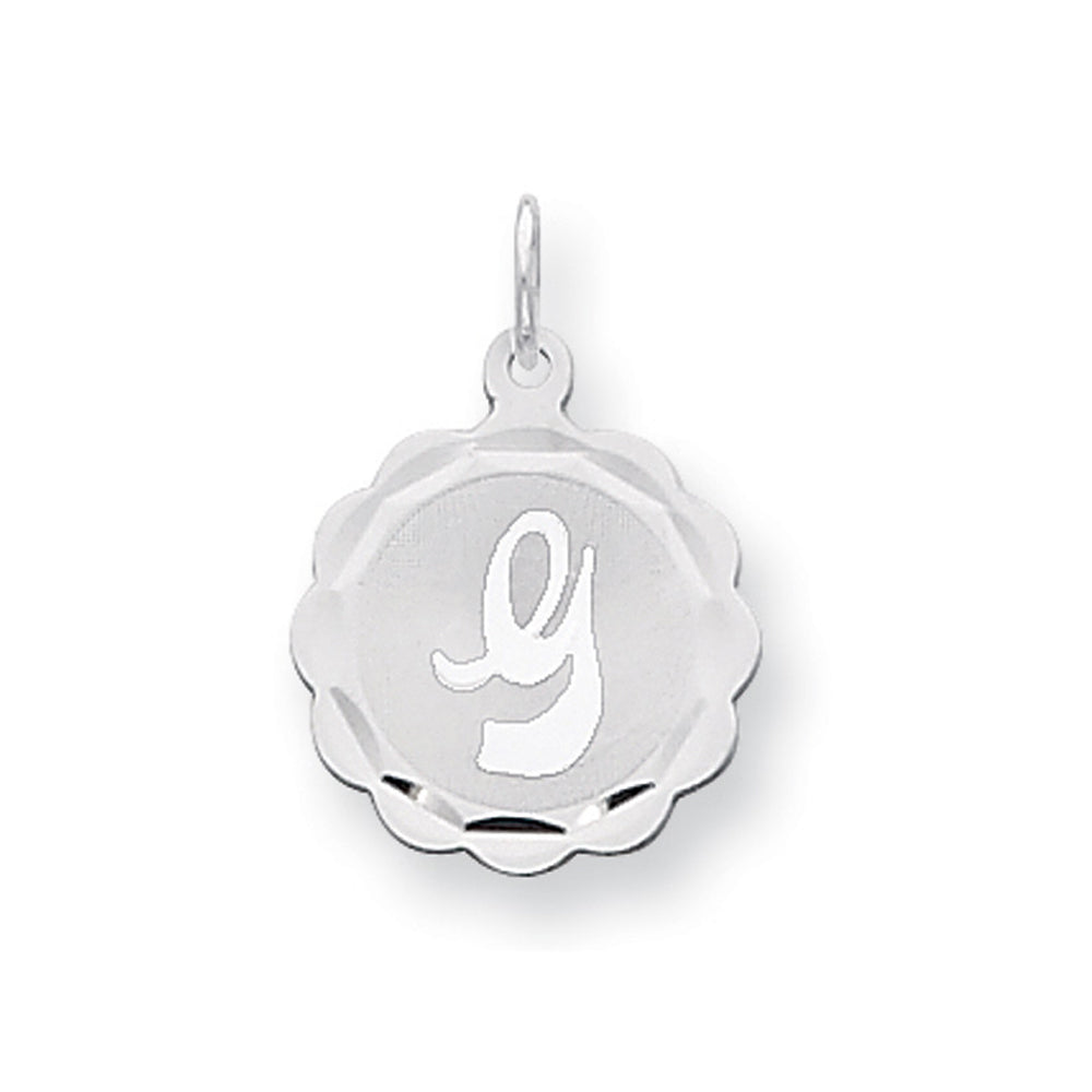 Sterling Silver, Sarah Collection 15mm Brocaded Disc Initial G Pendant, Item P10421-G by The Black Bow Jewelry Co.