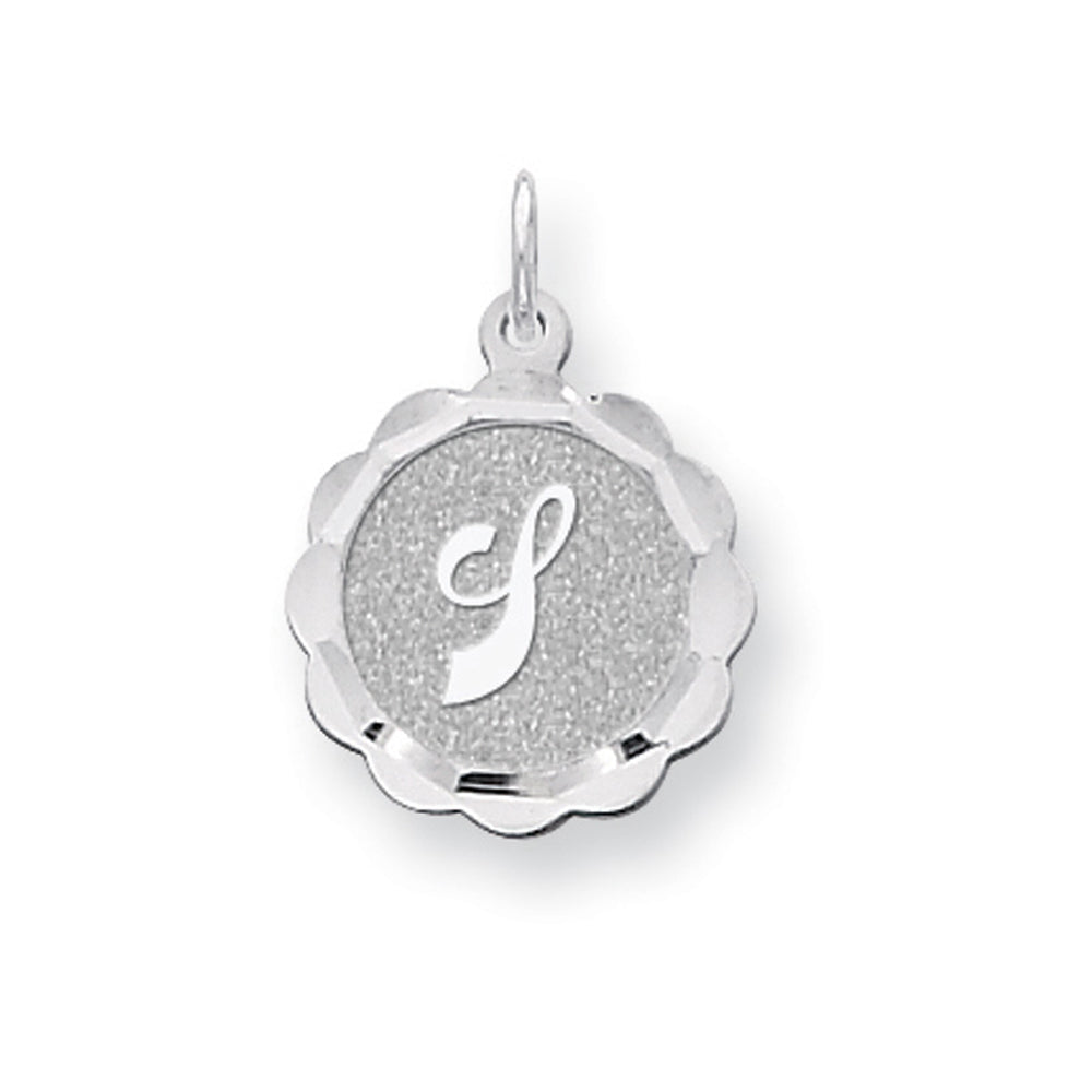 Sterling Silver, Sarah Collection 15mm Brocaded Disc Initial J Pendant, Item P10421-J by The Black Bow Jewelry Co.