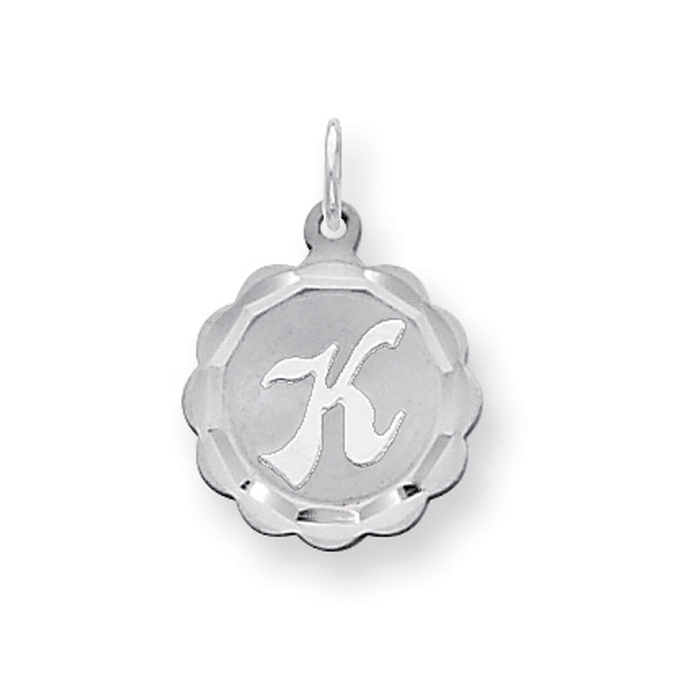 Sterling Silver, Sarah Collection 15mm Brocaded Disc Initial K Pendant, Item P10421-K by The Black Bow Jewelry Co.