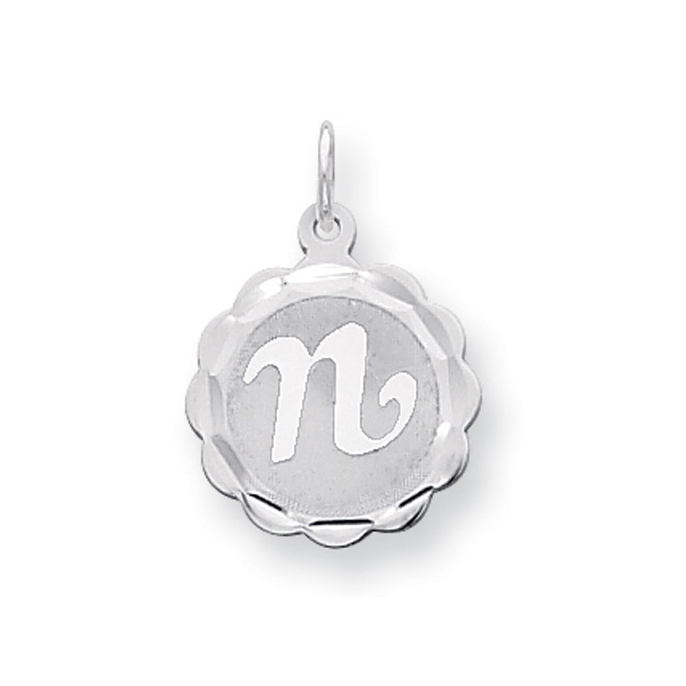 Sterling Silver, Sarah Collection 15mm Brocaded Disc Initial N Pendant, Item P10421-N by The Black Bow Jewelry Co.