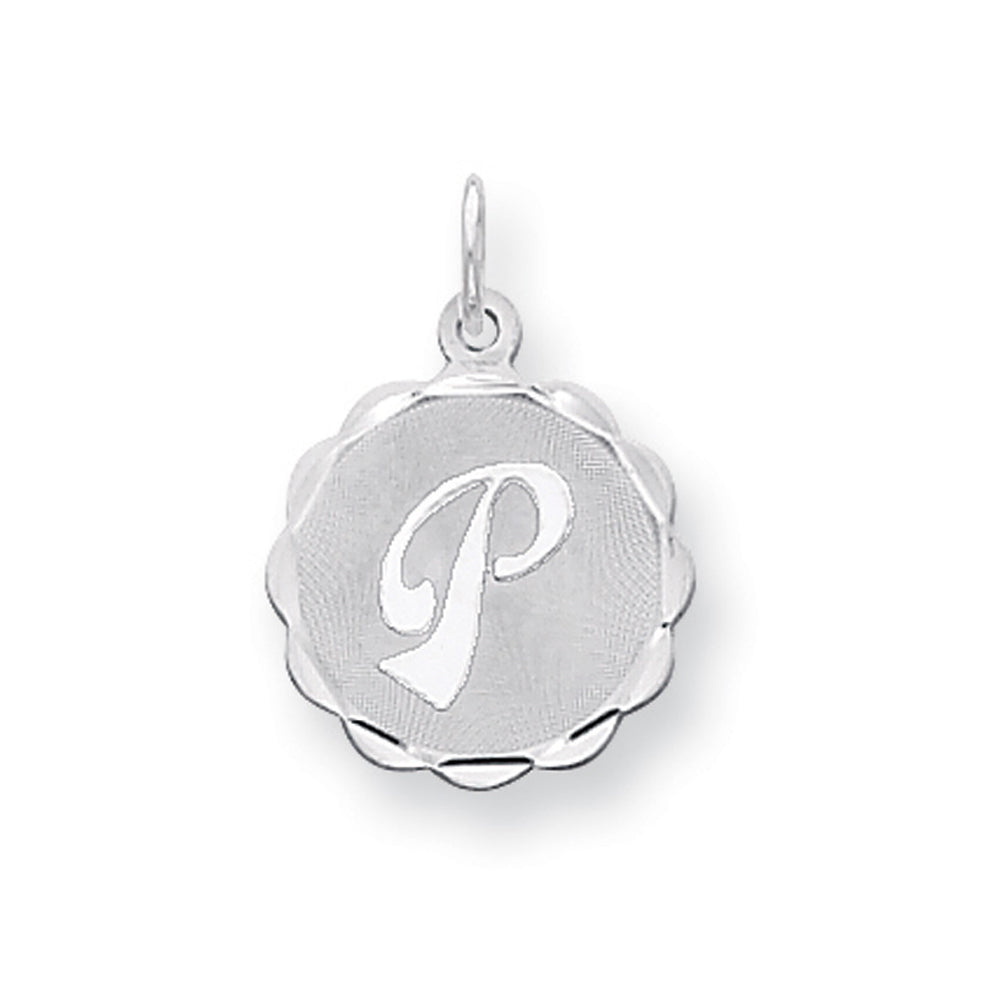 Sterling Silver, Sarah Collection 15mm Brocaded Disc Initial P Pendant, Item P10421-P by The Black Bow Jewelry Co.