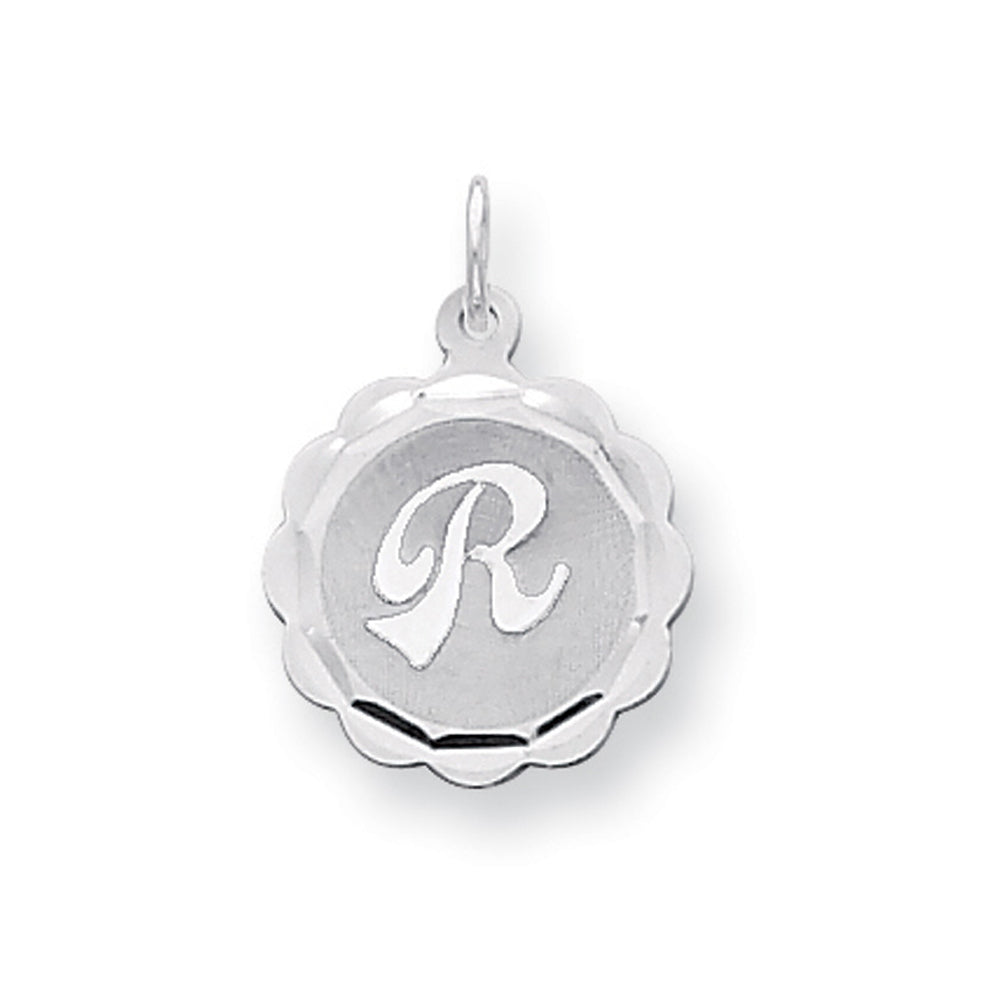 Sterling Silver, Sarah Collection 15mm Brocaded Disc Initial R Pendant, Item P10421-R by The Black Bow Jewelry Co.