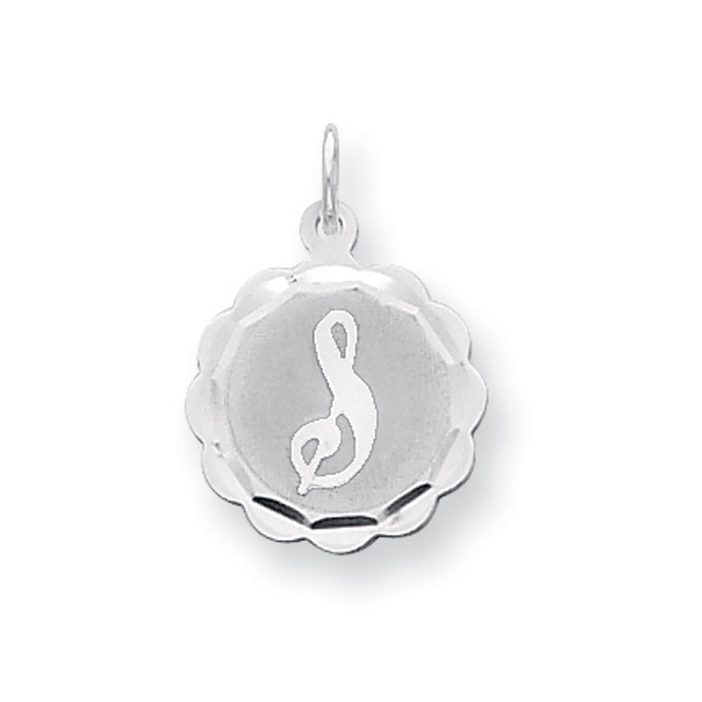 Sterling Silver, Sarah Collection 15mm Brocaded Disc Initial S Pendant, Item P10421-S by The Black Bow Jewelry Co.