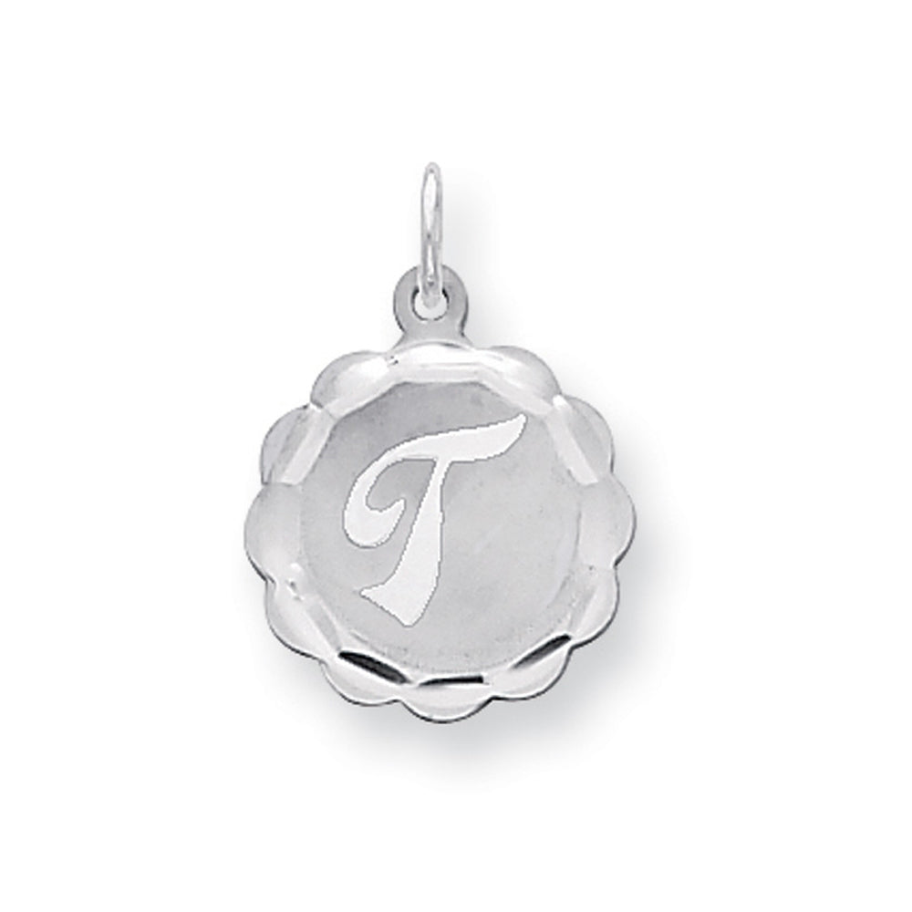 Sterling Silver, Sarah Collection 15mm Brocaded Disc Initial T Pendant, Item P10421-T by The Black Bow Jewelry Co.
