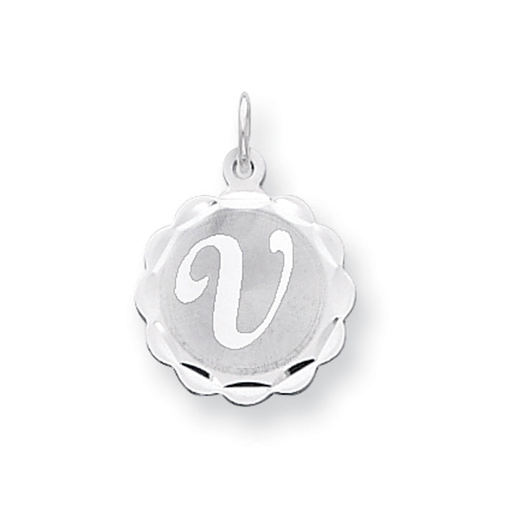 Sterling Silver, Sarah Collection 15mm Brocaded Disc Initial V Pendant, Item P10421-V by The Black Bow Jewelry Co.