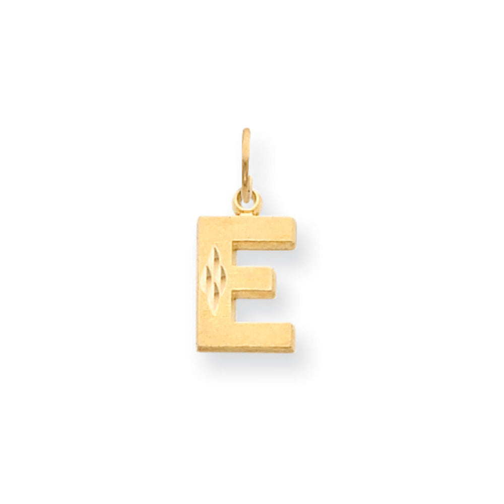 14k Yellow Gold, Julia Collection, Small Satin Block Initial E Pendant, Item P10422-E by The Black Bow Jewelry Co.