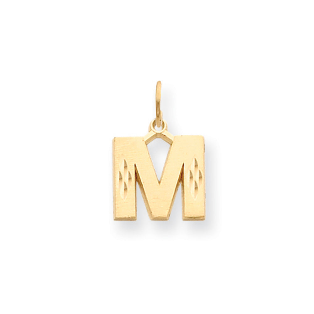 14k Yellow Gold, Julia Collection, Small Satin Block Initial M Pendant, Item P10422-M by The Black Bow Jewelry Co.