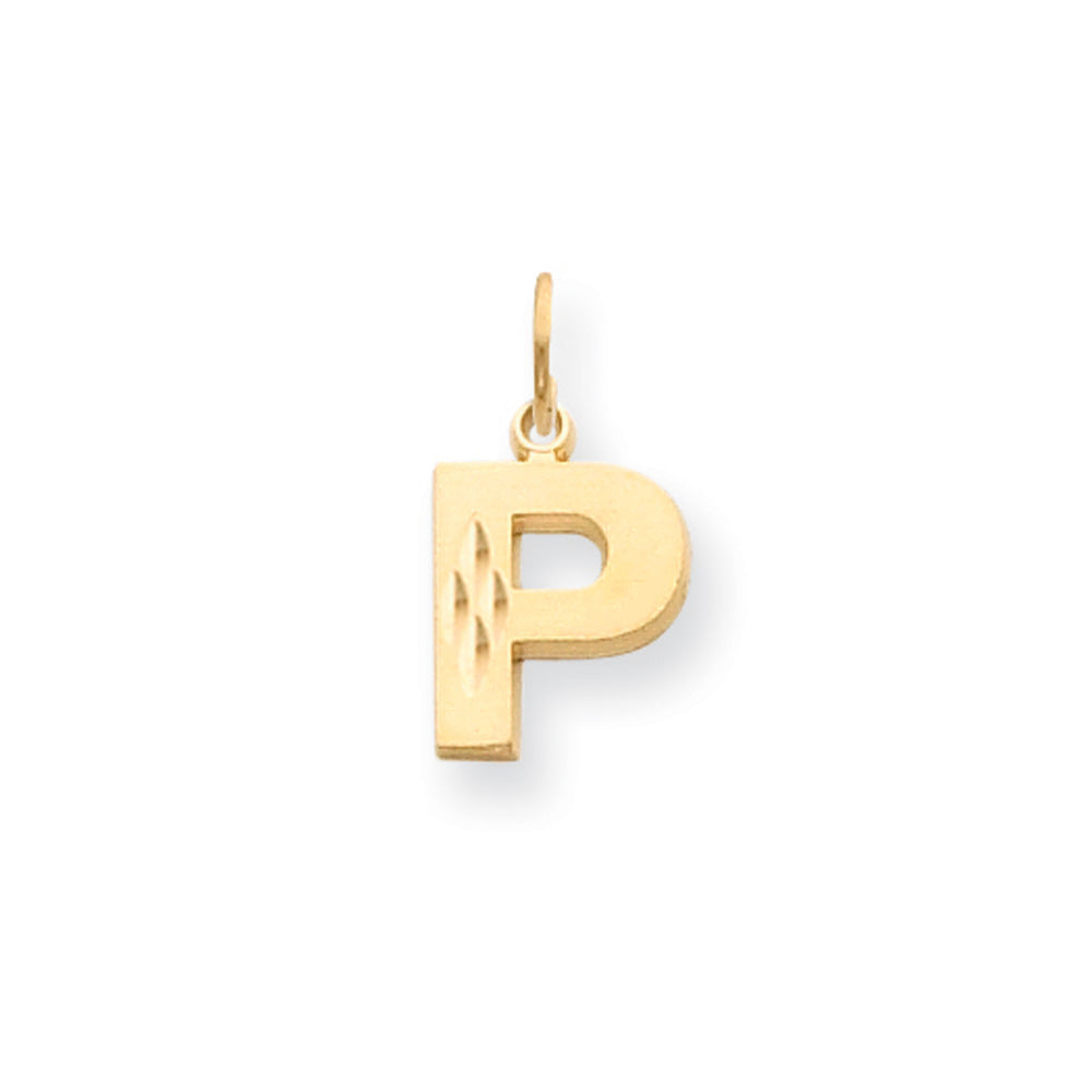 14k Yellow Gold, Julia Collection, Small Satin Block Initial P Pendant, Item P10422-P by The Black Bow Jewelry Co.