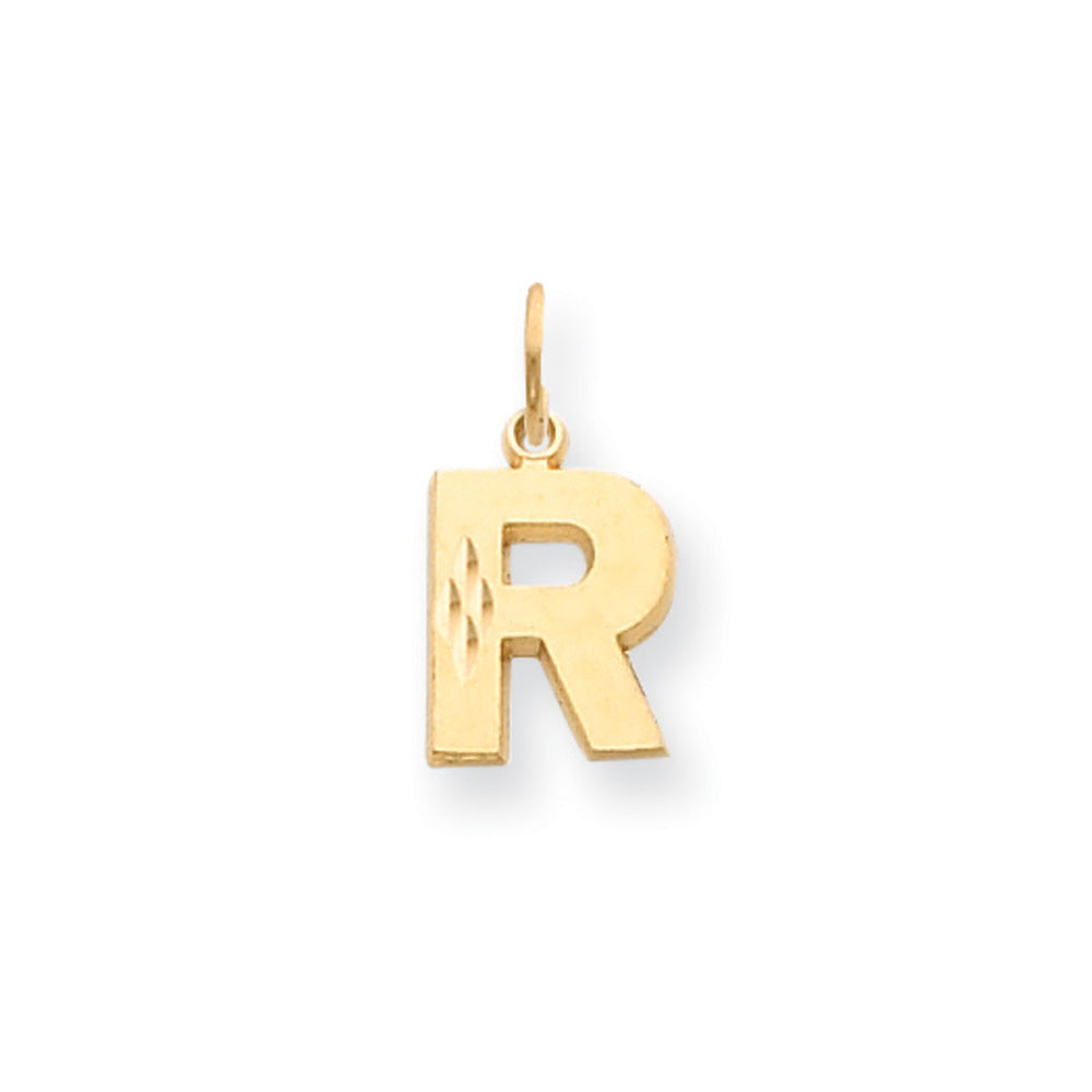 14k Yellow Gold, Julia Collection, Small Satin Block Initial R Pendant, Item P10422-R by The Black Bow Jewelry Co.