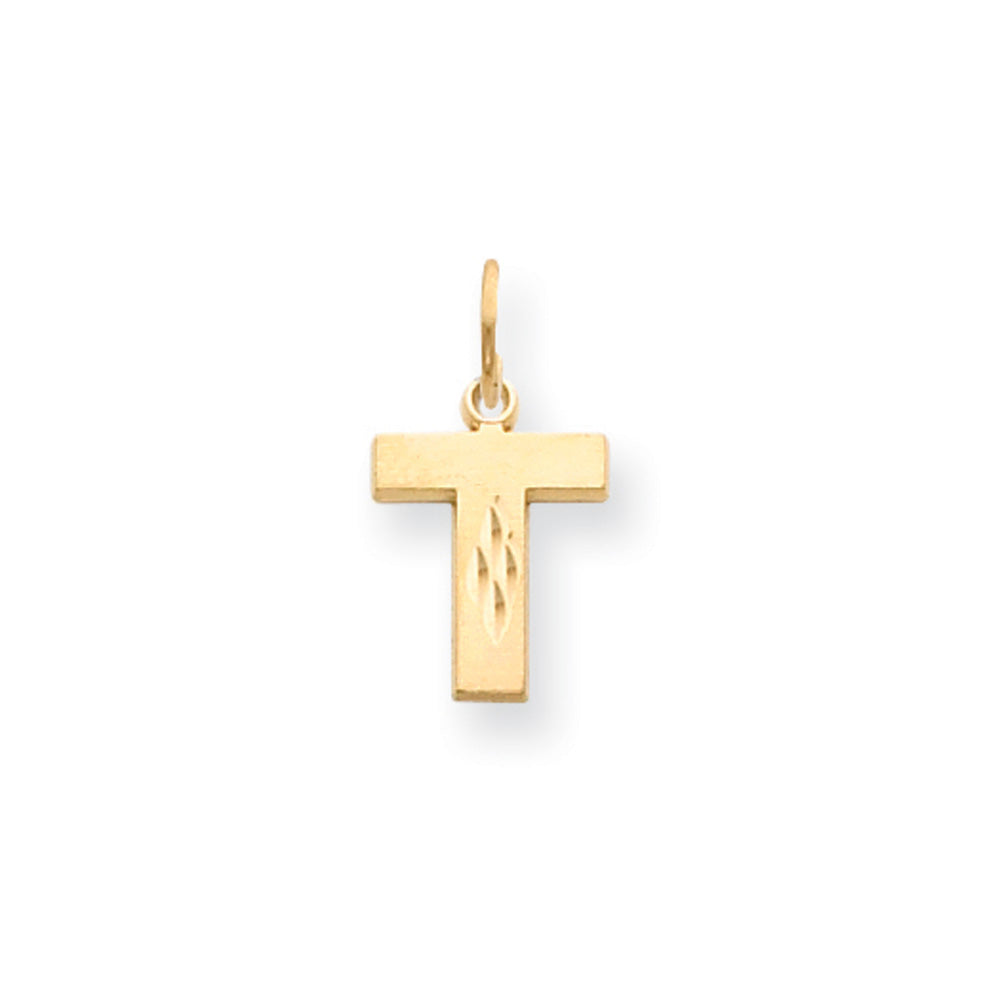 14k Yellow Gold, Julia Collection, Small Satin Block Initial T Pendant, Item P10422-T by The Black Bow Jewelry Co.