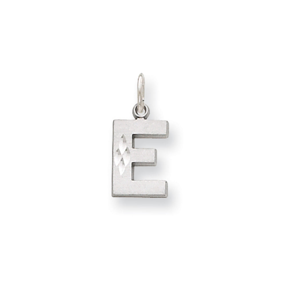 14k White Gold, Julia Collection, Small Satin Block Initial E Pendant, Item P10423-E by The Black Bow Jewelry Co.