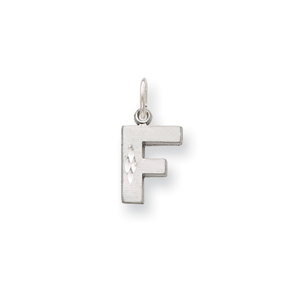 14k White Gold, Julia Collection, Small Satin Block Initial F Pendant, Item P10423-F by The Black Bow Jewelry Co.