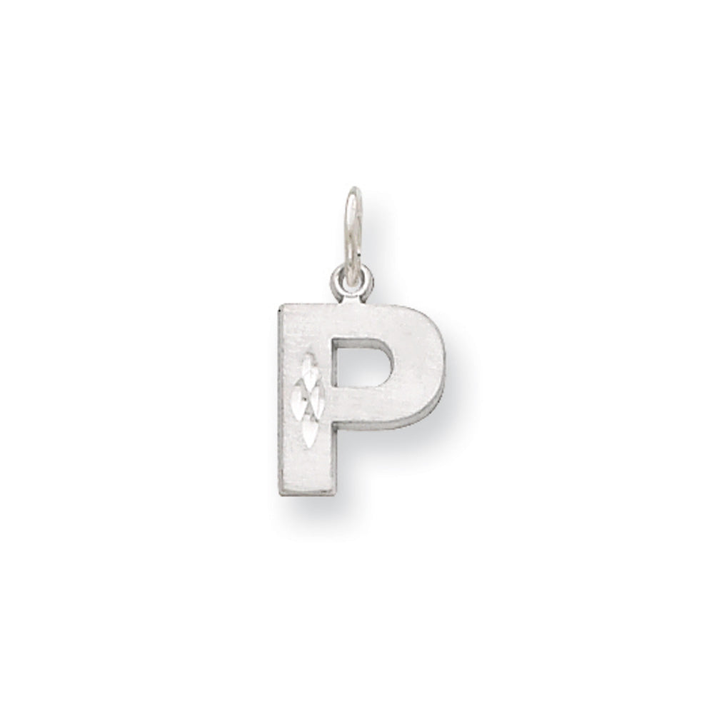 14k White Gold, Julia Collection, Small Satin Block Initial P Pendant, Item P10423-P by The Black Bow Jewelry Co.