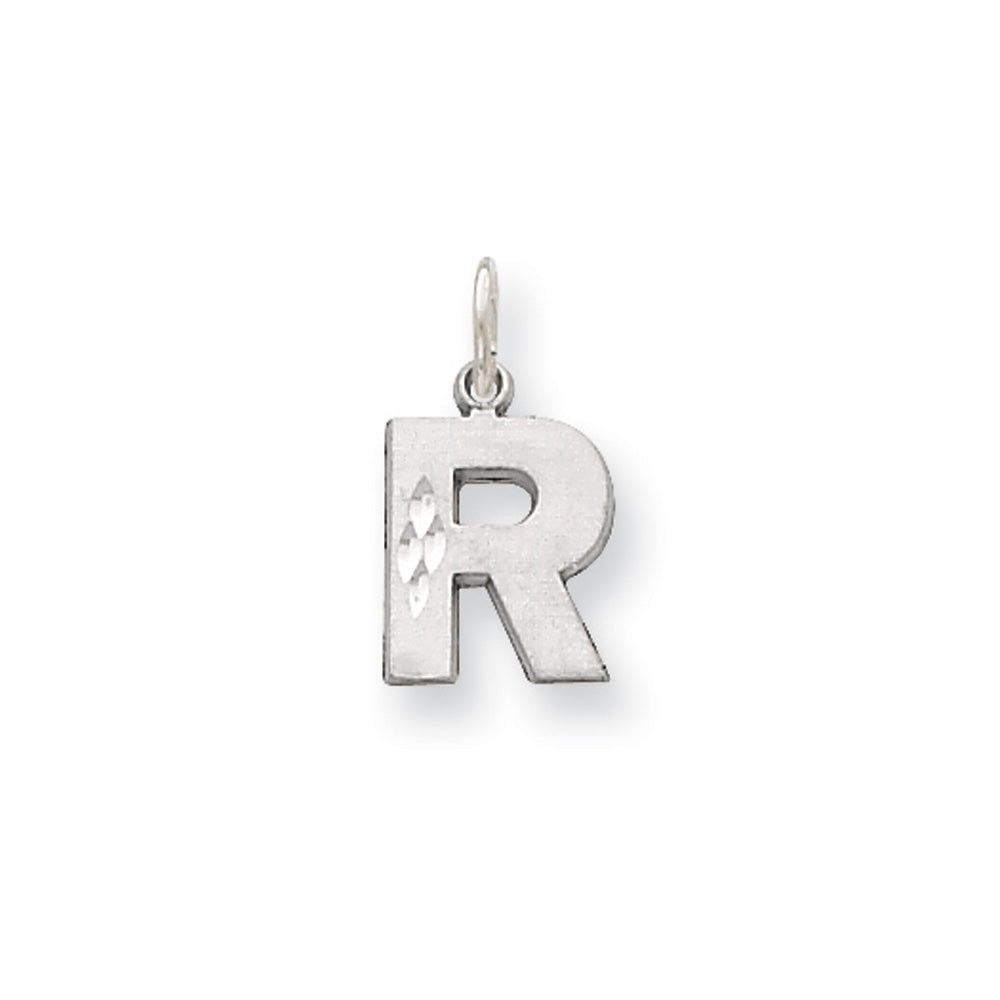 14k White Gold, Julia Collection, Small Satin Block Initial R Pendant, Item P10423-R by The Black Bow Jewelry Co.