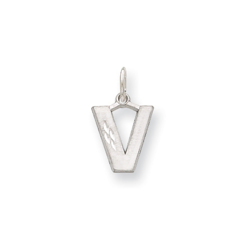 14k White Gold, Julia Collection, Small Satin Block Initial V Pendant, Item P10423-V by The Black Bow Jewelry Co.