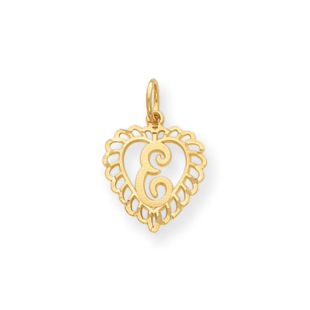 14k Yellow Gold, Grace Collection, Satin Heart Initial E Pendant, 15mm, Item P10425-E by The Black Bow Jewelry Co.