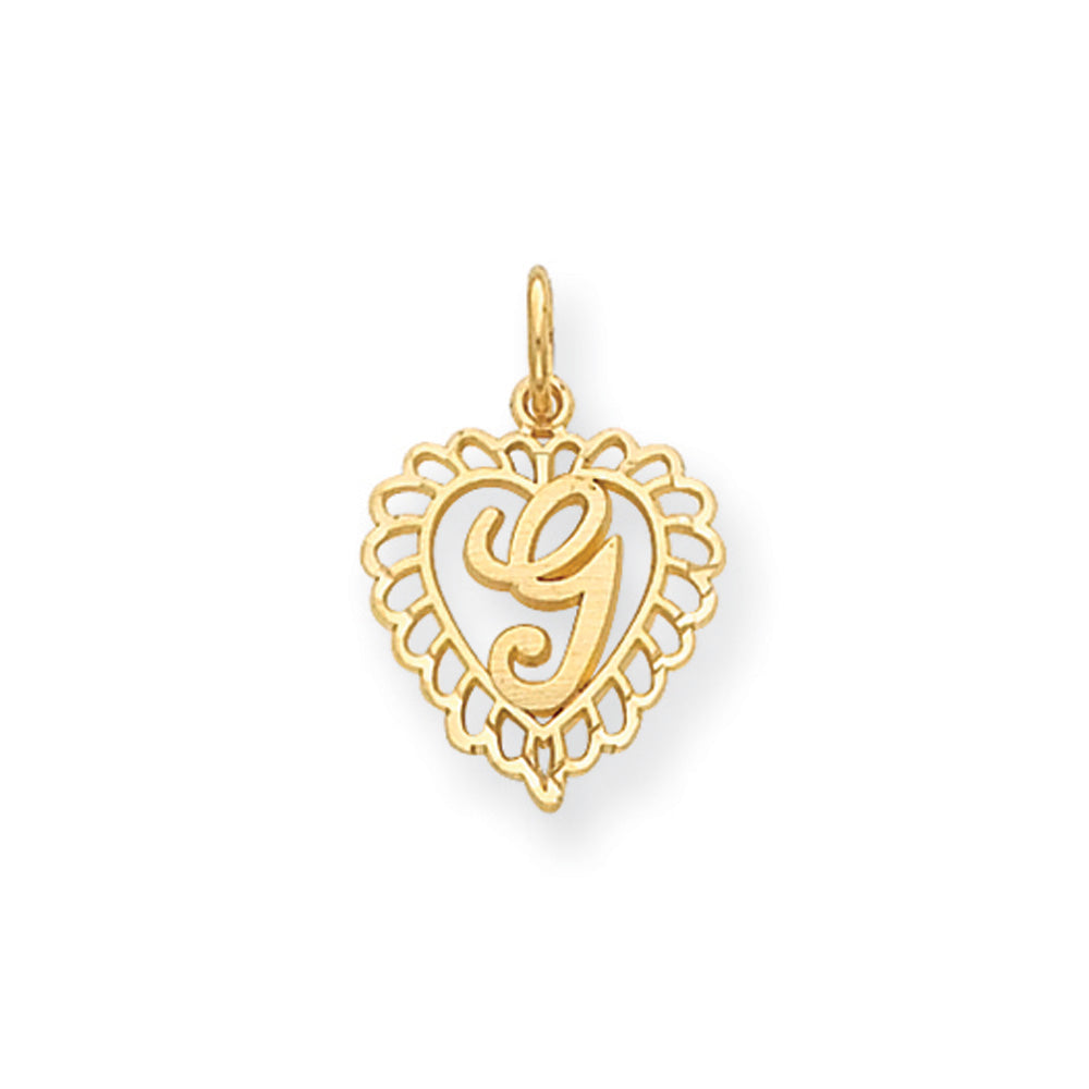 14k Yellow Gold, Grace Collection, Satin Heart Initial G Pendant, 15mm, Item P10425-G by The Black Bow Jewelry Co.