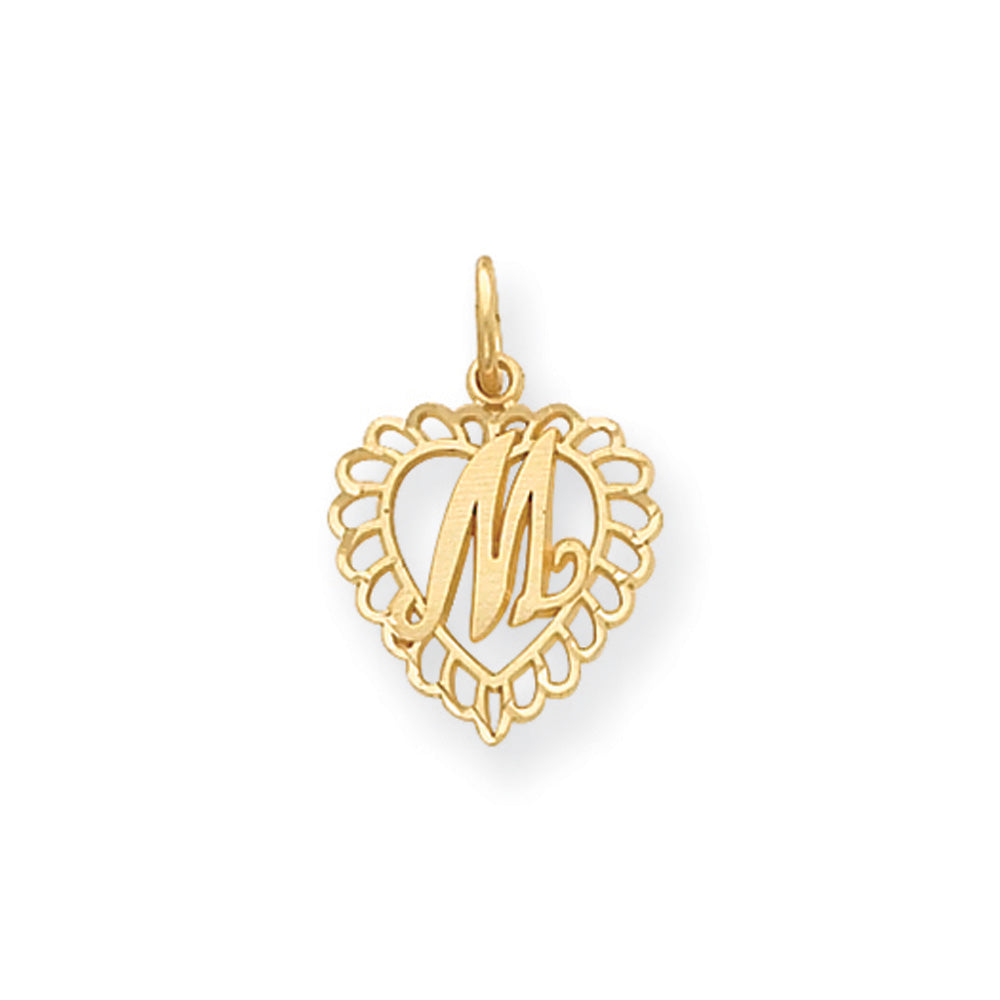 14k Yellow Gold, Grace Collection, Satin Heart Initial M Pendant, 15mm, Item P10425-M by The Black Bow Jewelry Co.