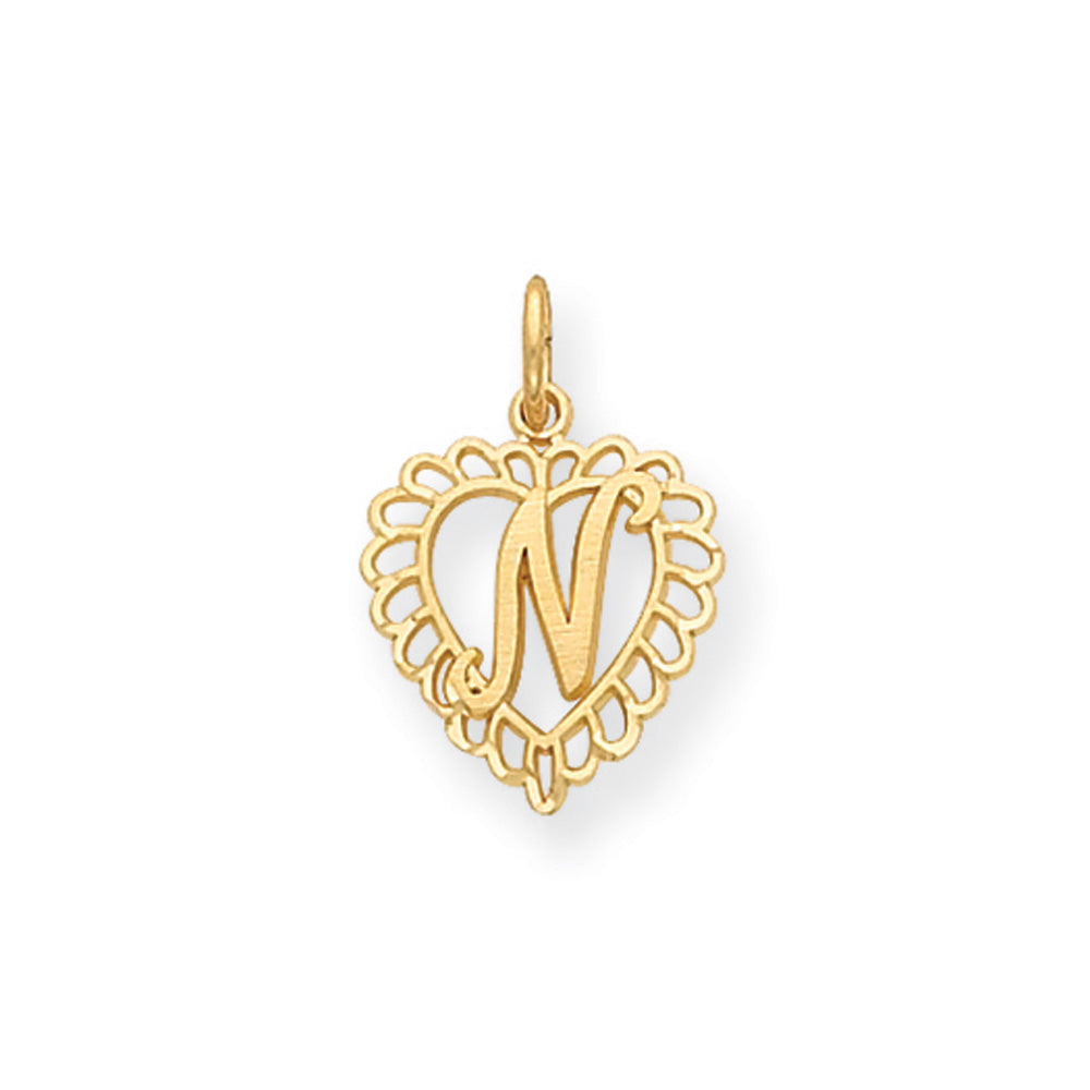 14k Yellow Gold, Grace Collection, Satin Heart Initial N Pendant, 15mm, Item P10425-N by The Black Bow Jewelry Co.