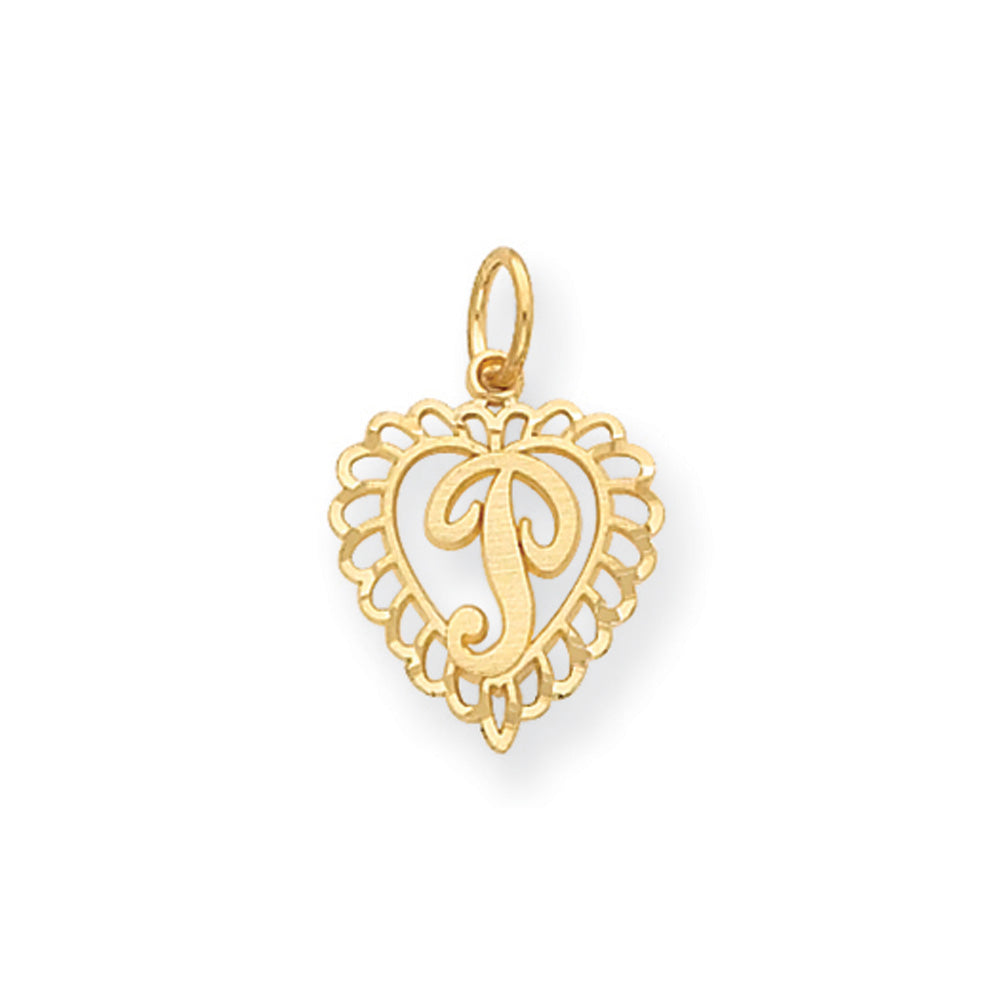 14k Yellow Gold, Grace Collection, Satin Heart Initial P Pendant, 15mm, Item P10425-P by The Black Bow Jewelry Co.