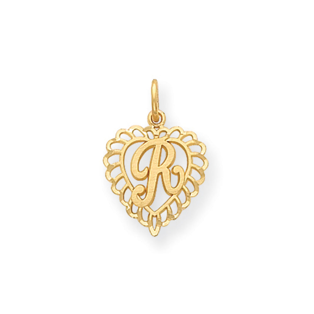 14k Yellow Gold, Grace Collection, Satin Heart Initial R Pendant, 15mm, Item P10425-R by The Black Bow Jewelry Co.