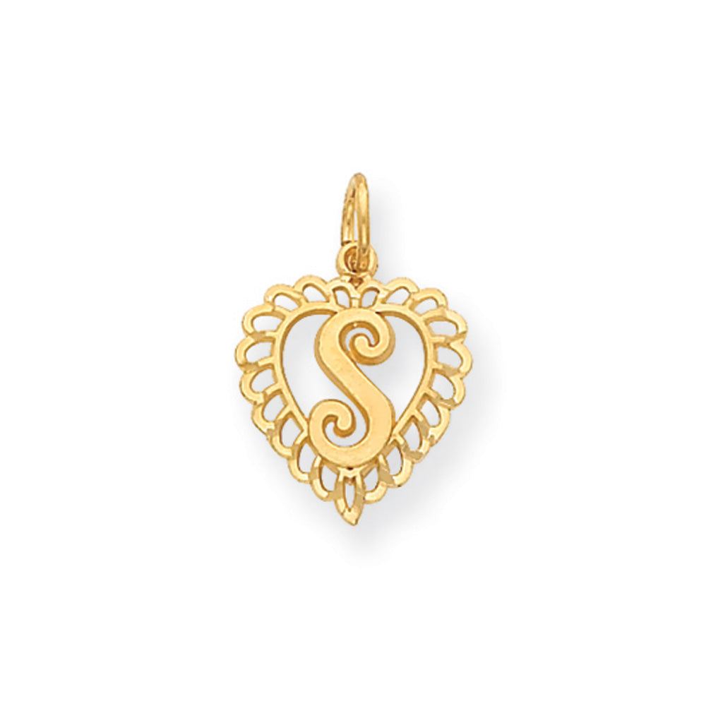 14k Yellow Gold, Grace Collection, Satin Heart Initial S Pendant, 15mm, Item P10425-S by The Black Bow Jewelry Co.