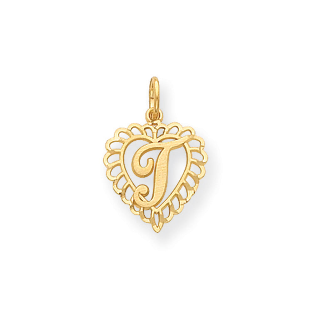 14k Yellow Gold, Grace Collection, Satin Heart Initial T Pendant, 15mm, Item P10425-T by The Black Bow Jewelry Co.