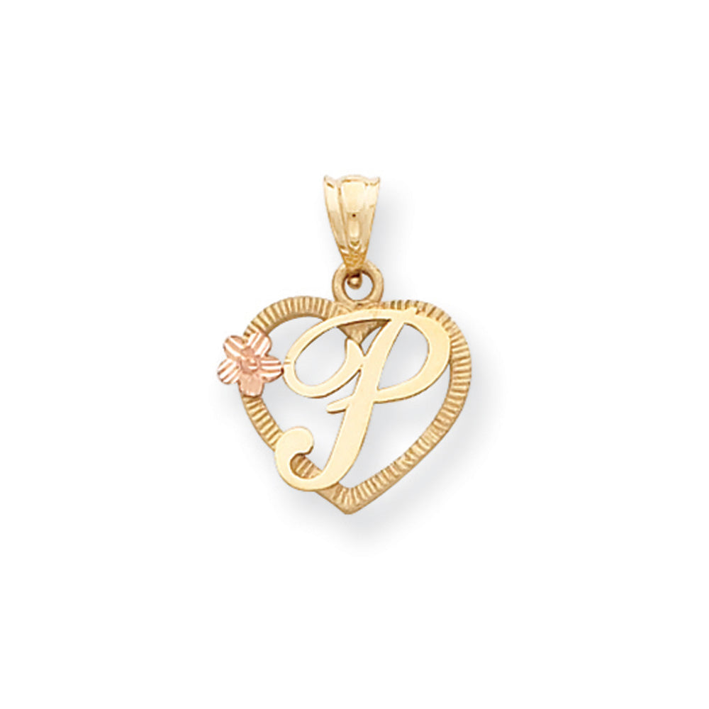 14k Two Tone Gold Grace Collection 15mm Heart Initial P Pendant, Item P10426-P by The Black Bow Jewelry Co.