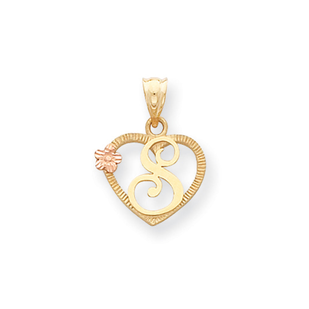 14k Two Tone Gold Grace Collection 15mm Heart Initial S Pendant, Item P10426-S by The Black Bow Jewelry Co.