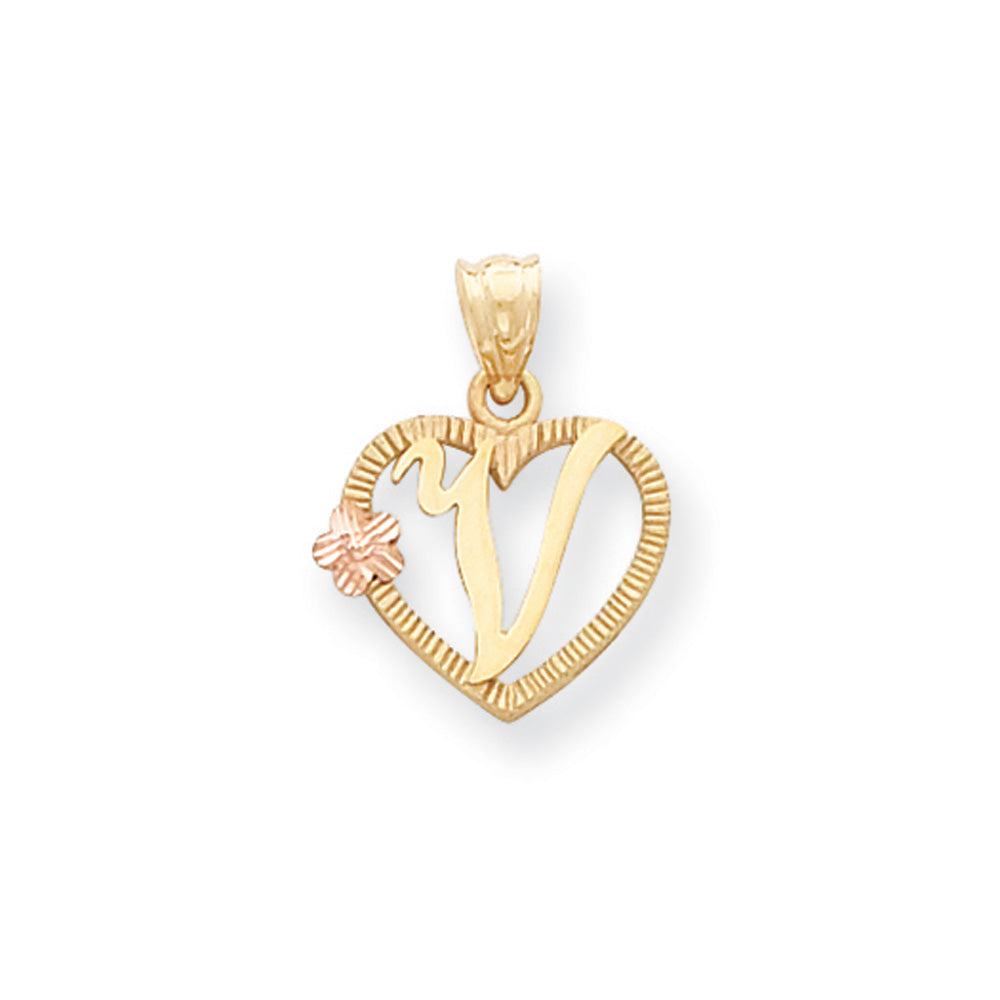 14k Two Tone Gold Grace Collection 15mm Heart Initial V Pendant, Item P10426-V by The Black Bow Jewelry Co.