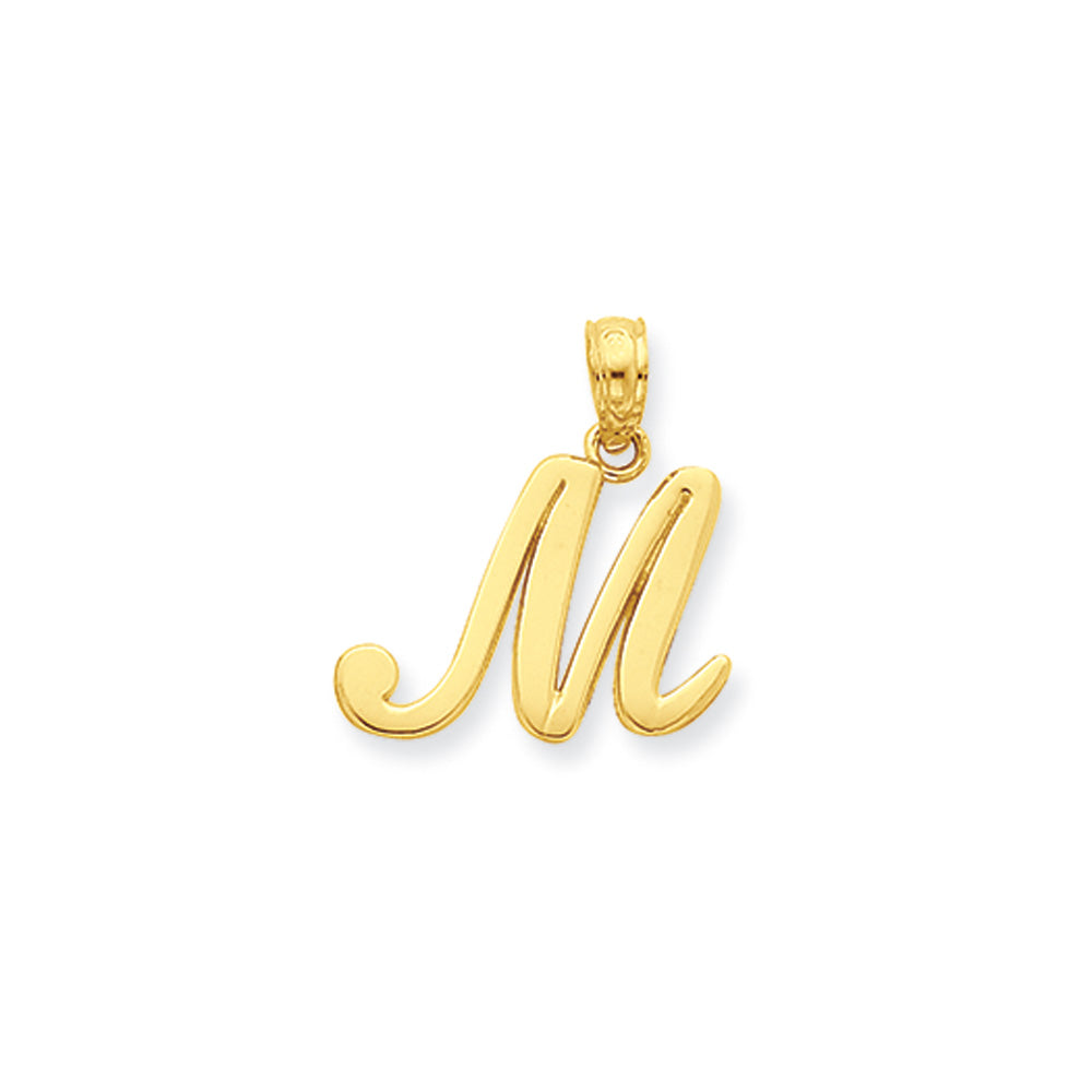 14k Yellow Gold, Mimi Collection, Small Script Initial M Pendant, Item P10427-M by The Black Bow Jewelry Co.