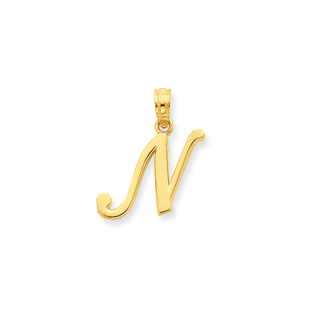 14k Yellow Gold, Mimi Collection, Small Script Initial N Pendant, Item P10427-N by The Black Bow Jewelry Co.