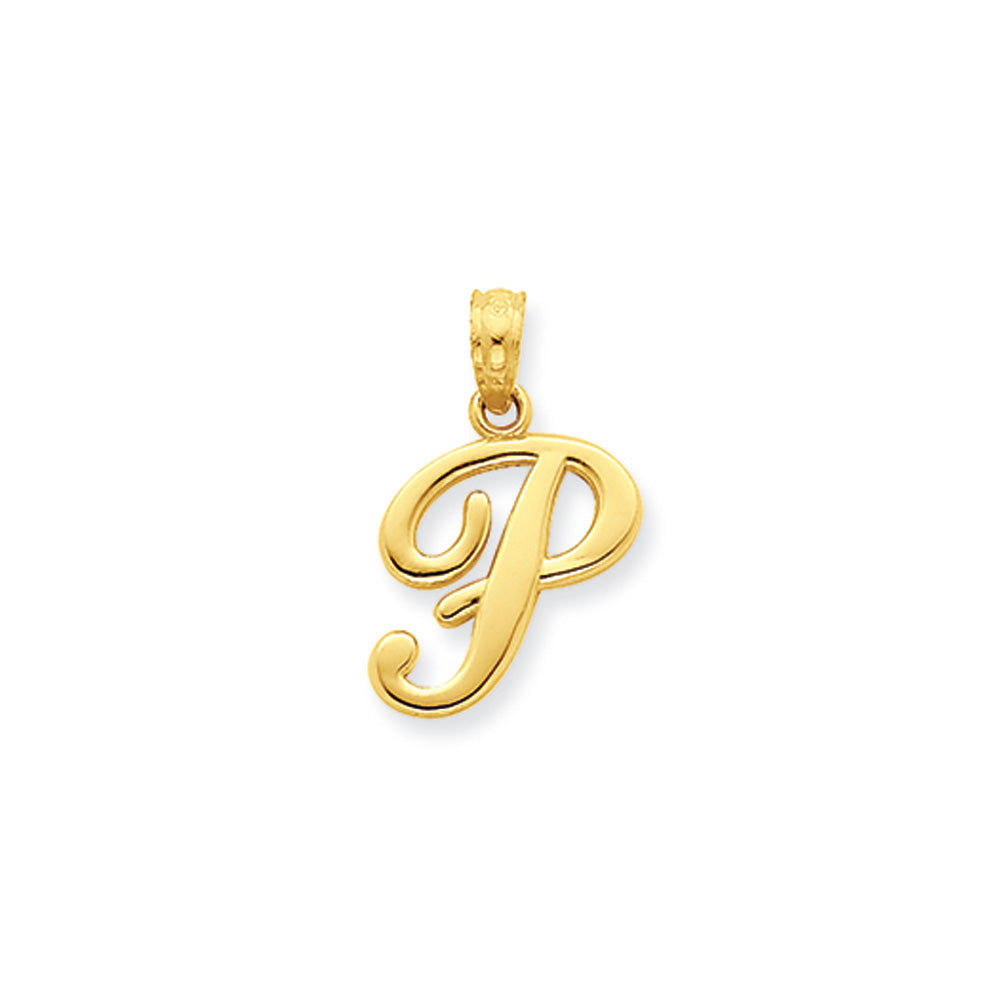 14k Yellow Gold, Mimi Collection, Small Script Initial P Pendant, Item P10427-P by The Black Bow Jewelry Co.