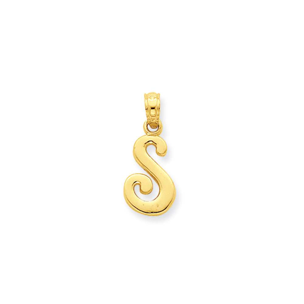 14k Yellow Gold, Mimi Collection, Small Script Initial S Pendant, Item P10427-S by The Black Bow Jewelry Co.