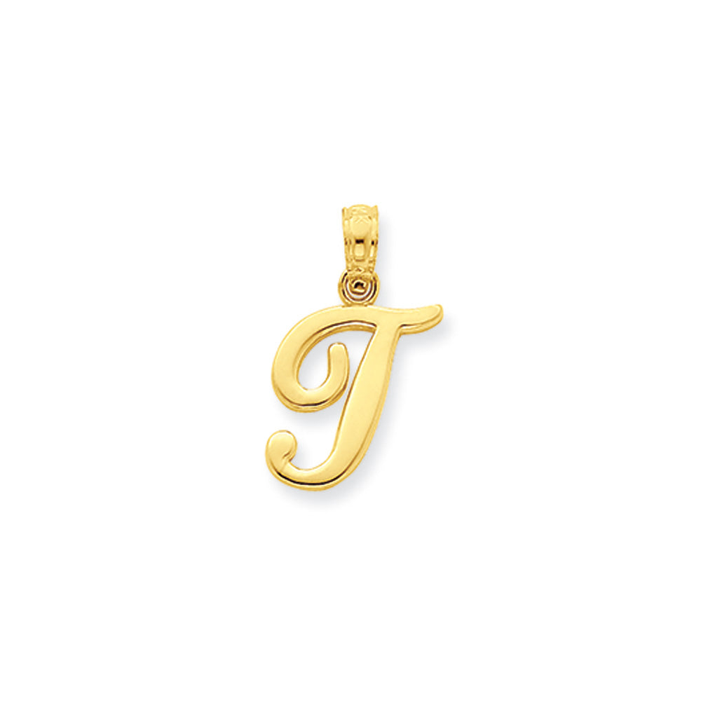 14k Yellow Gold, Mimi Collection, Small Script Initial T Pendant, Item P10427-T by The Black Bow Jewelry Co.