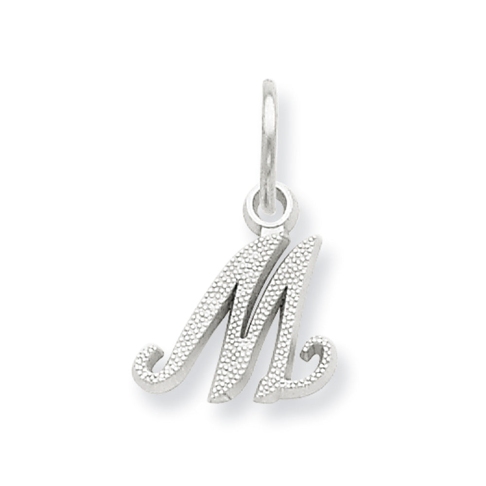14k White Gold, Sadie Collection, Mini Satin Script Initial M Charm, Item P10435-M by The Black Bow Jewelry Co.