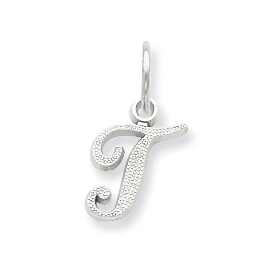 14k White Gold, Sadie Collection, Mini Satin Script Initial T Charm, Item P10435-T by The Black Bow Jewelry Co.