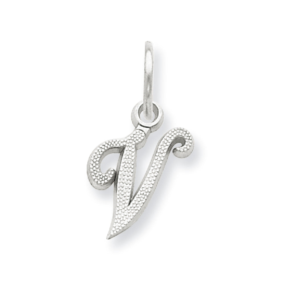 14k White Gold, Sadie Collection, Mini Satin Script Initial V Charm, Item P10435-V by The Black Bow Jewelry Co.