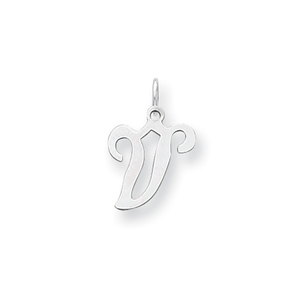 14k White Gold, Sophia Collection, Small Script Initial V Pendant, Item P10437-V by The Black Bow Jewelry Co.