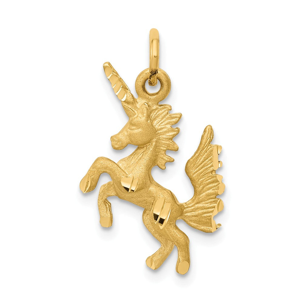 14k Yellow Gold 3D Satin &amp; Diamond Cut Dancing Unicorn Pendant, Item P10476 by The Black Bow Jewelry Co.