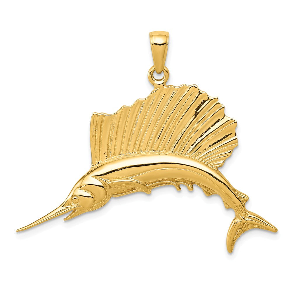 14k Yellow Gold Large Polished Sailfish Pendant, Item P10513 by The Black Bow Jewelry Co.