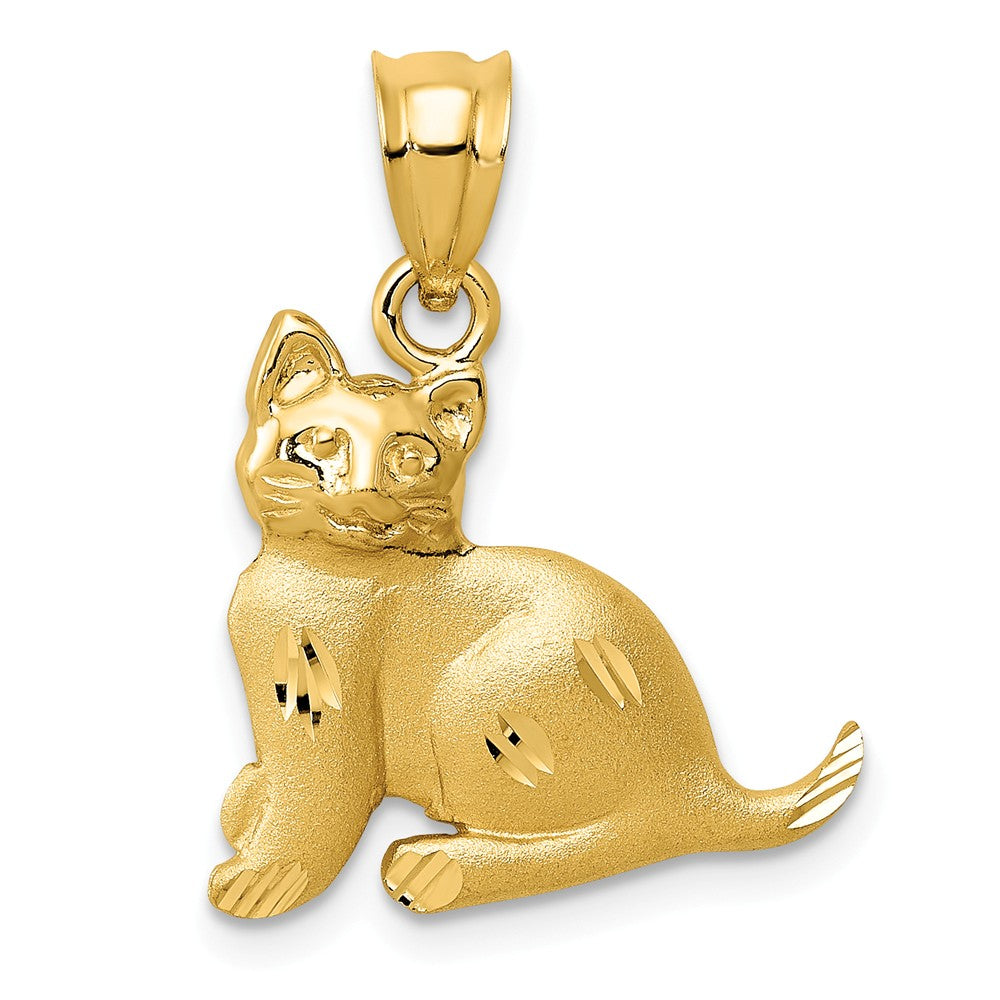 14k Yellow Gold Satin and Polished, Diamond Cut Cat Pendant, Item P10514 by The Black Bow Jewelry Co.